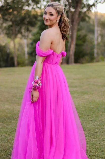 Tulle Floor Length A-Line Off-the-Shoulder Bustier Prom Dress