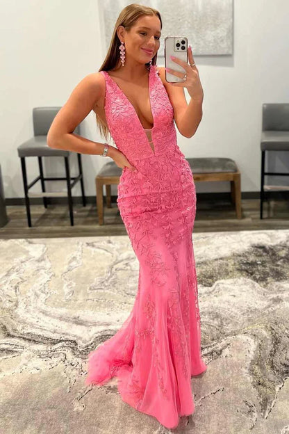 Backless Sleeveless Deep V Neck Embroidered Mermaid Prom Dress
