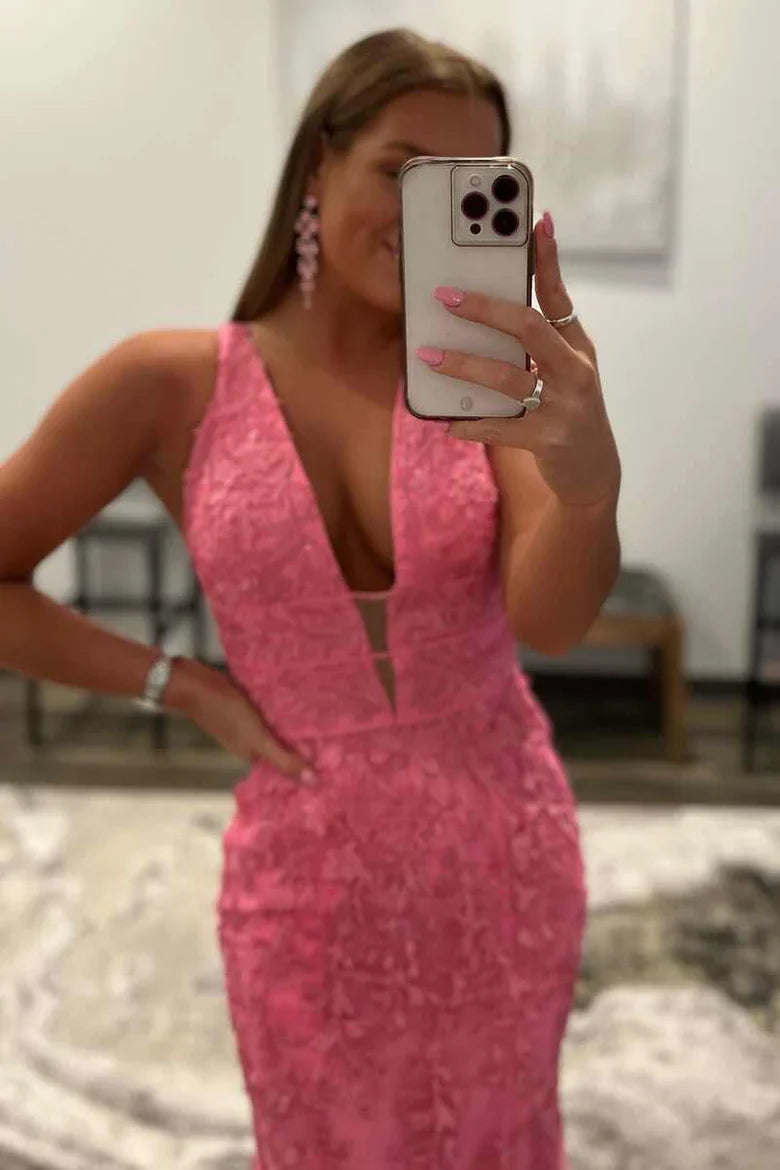 Backless Sleeveless Deep V Neck Embroidered Mermaid Prom Dress