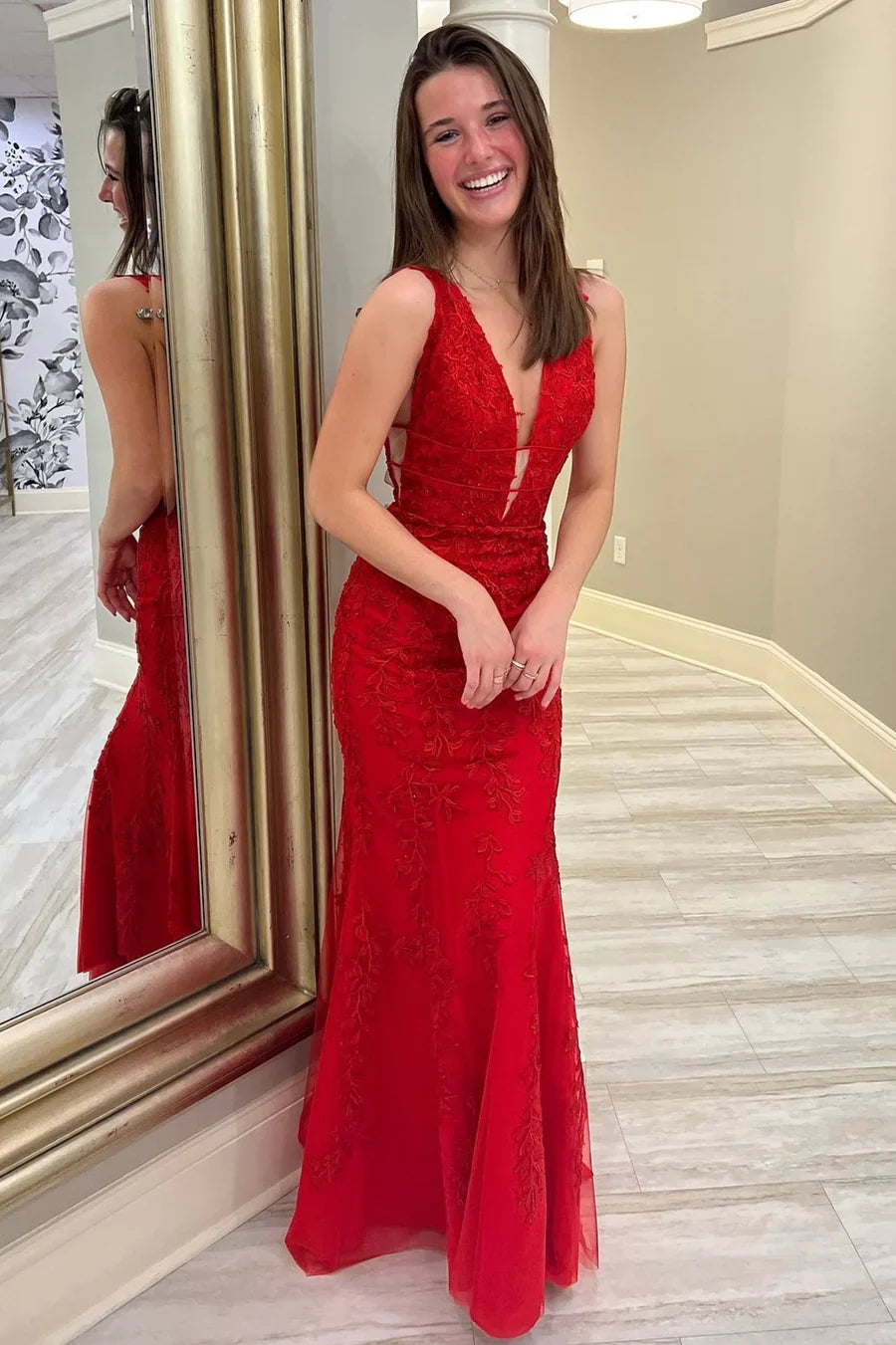 Backless Sleeveless Deep V Neck Embroidered Mermaid Prom Dress
