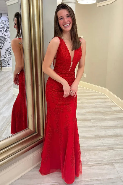 Backless Sleeveless Deep V Neck Embroidered Mermaid Prom Dress