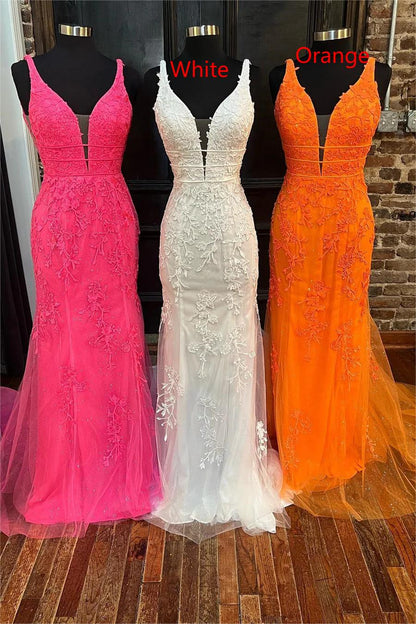 Backless Sleeveless Deep V Neck Embroidered Mermaid Prom Dress