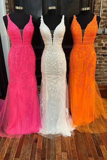 Backless Sleeveless Deep V Neck Embroidered Mermaid Prom Dress