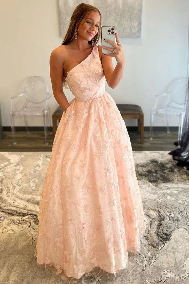 A-Line Butterfly One-Shoulder Prom Dress