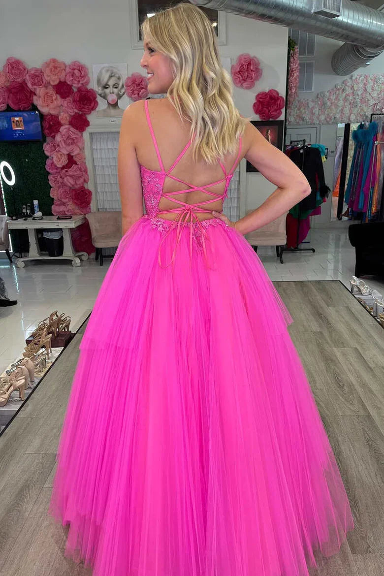 A-Line Lace V-Neck Lace-Up Back Prom Dress