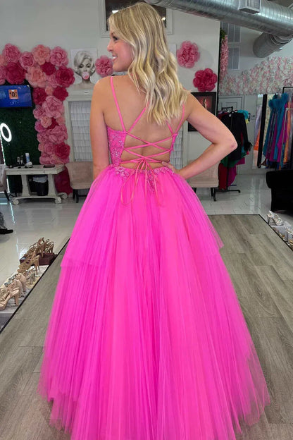 A-Line Lace V-Neck Lace-Up Back Prom Dress