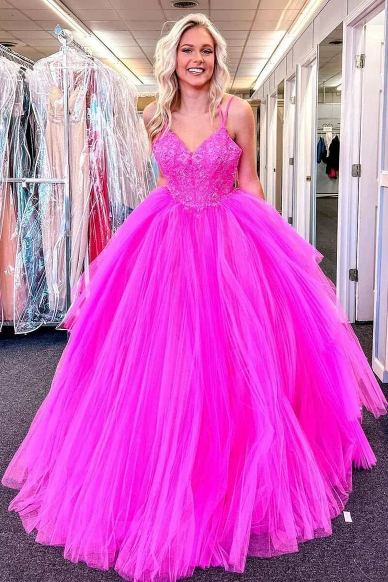 A-Line Lace V-Neck Lace-Up Back Prom Dress