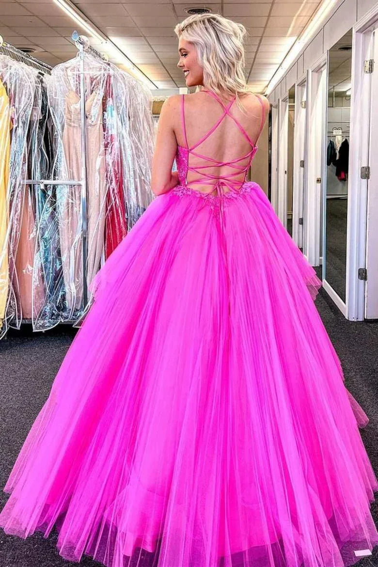 A-Line Lace V-Neck Lace-Up Back Prom Dress