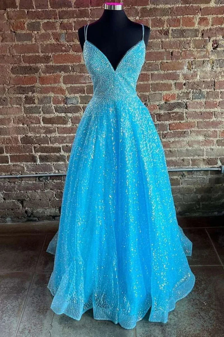A-Line Sequin V-Neck Pleated Prom Dress