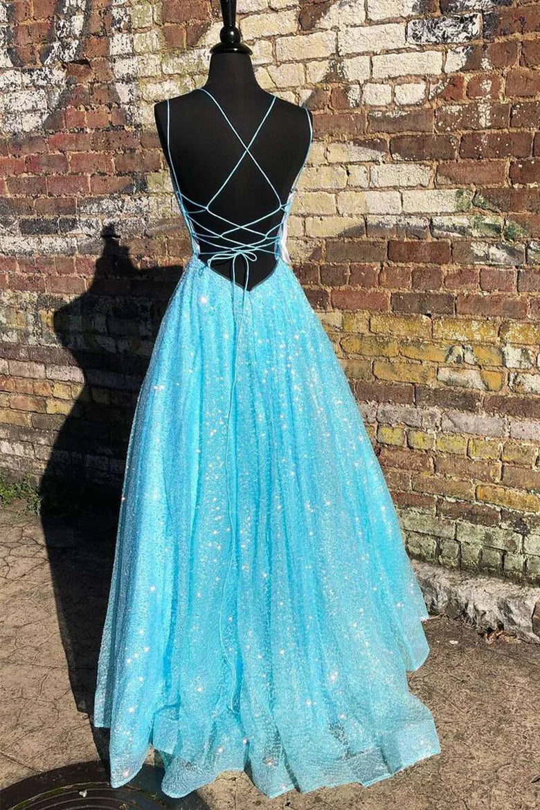 A-Line Sequin V-Neck Pleated Prom Dress