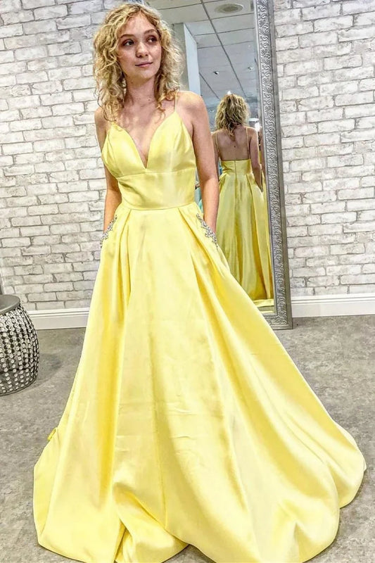 A-Line Neck Backless Prom Dress with Pockets