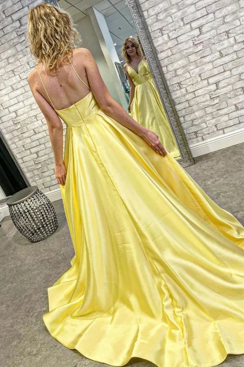 A-Line Neck Backless Prom Dress with Pockets