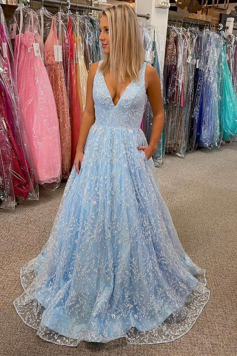 Tulle Sleeveless Floor Length A-Line Princess Lace V-Neck Backless Prom Dress
