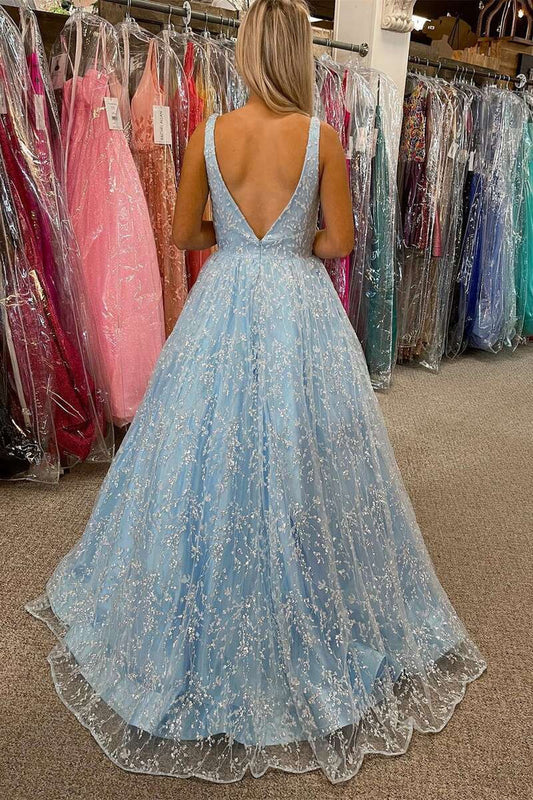 Tulle Sleeveless Floor Length A-Line Princess Lace V-Neck Backless Prom Dress