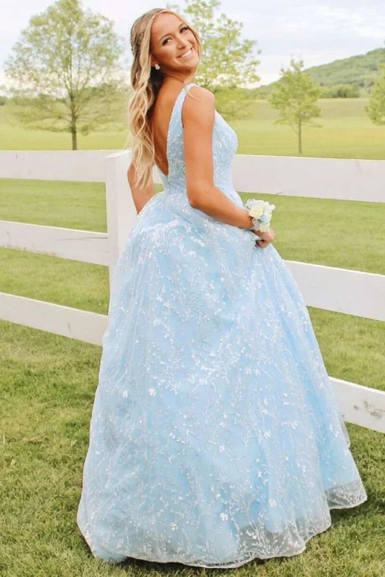 Tulle Sleeveless Floor Length A-Line Princess Lace V-Neck Backless Prom Dress