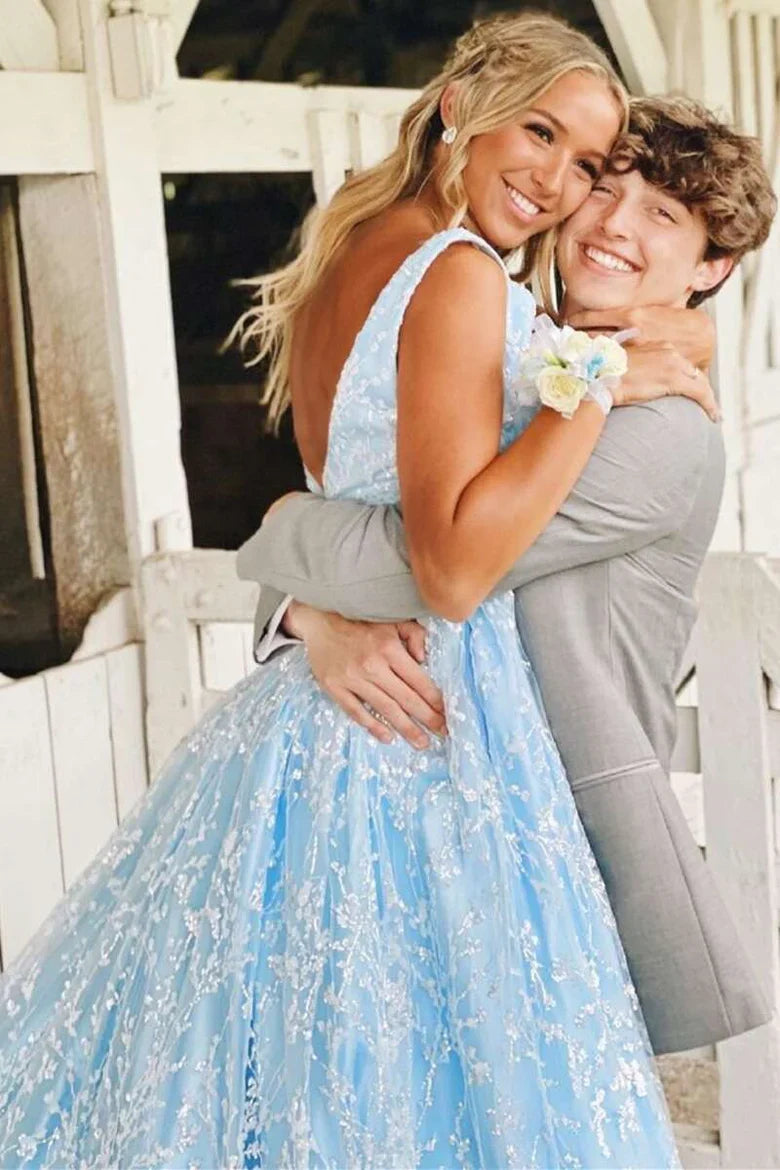 Tulle Sleeveless Floor Length A-Line Princess Lace V-Neck Backless Prom Dress