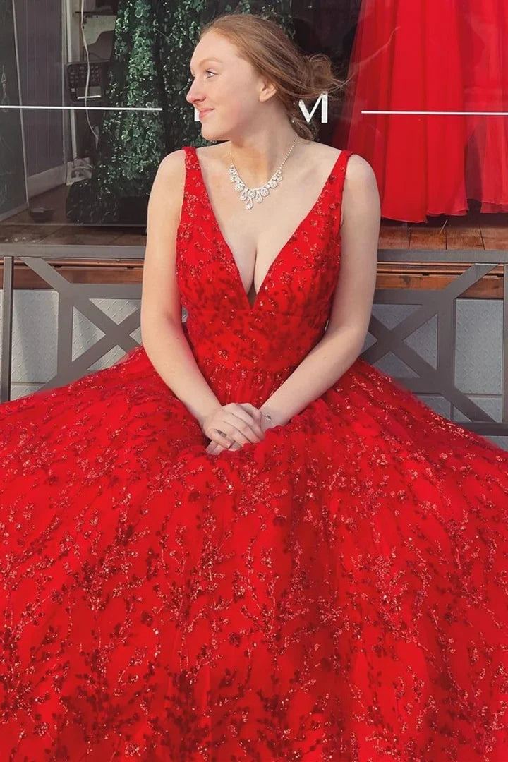 Tulle Sleeveless Floor Length A-Line Princess Lace V-Neck Backless Prom Dress