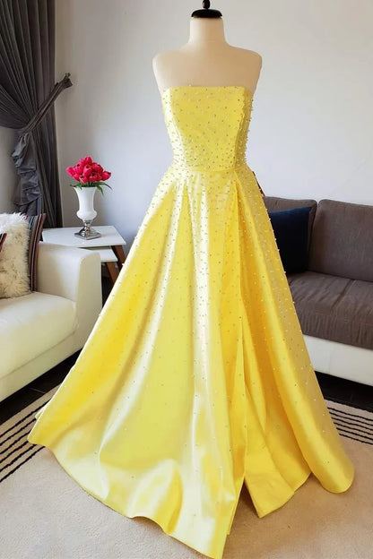 Lace Up Floor Length Sleeveless A-line Satin Beaded Strapless Prom Dress