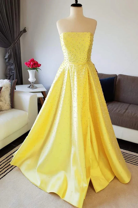 Lace Up Floor Length Sleeveless A-line Satin Beaded Strapless Prom Dress