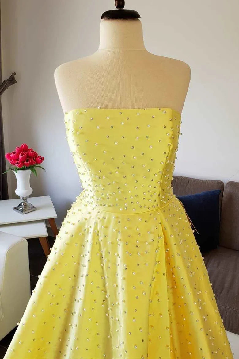 Lace Up Floor Length Sleeveless A-line Satin Beaded Strapless Prom Dress