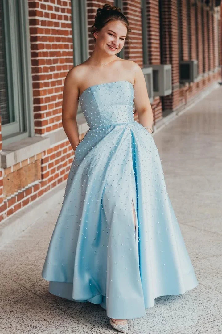 Lace Up Floor Length Sleeveless A-line Satin Beaded Strapless Prom Dress