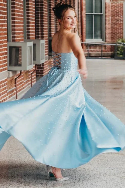 Lace Up Floor Length Sleeveless A-line Satin Beaded Strapless Prom Dress