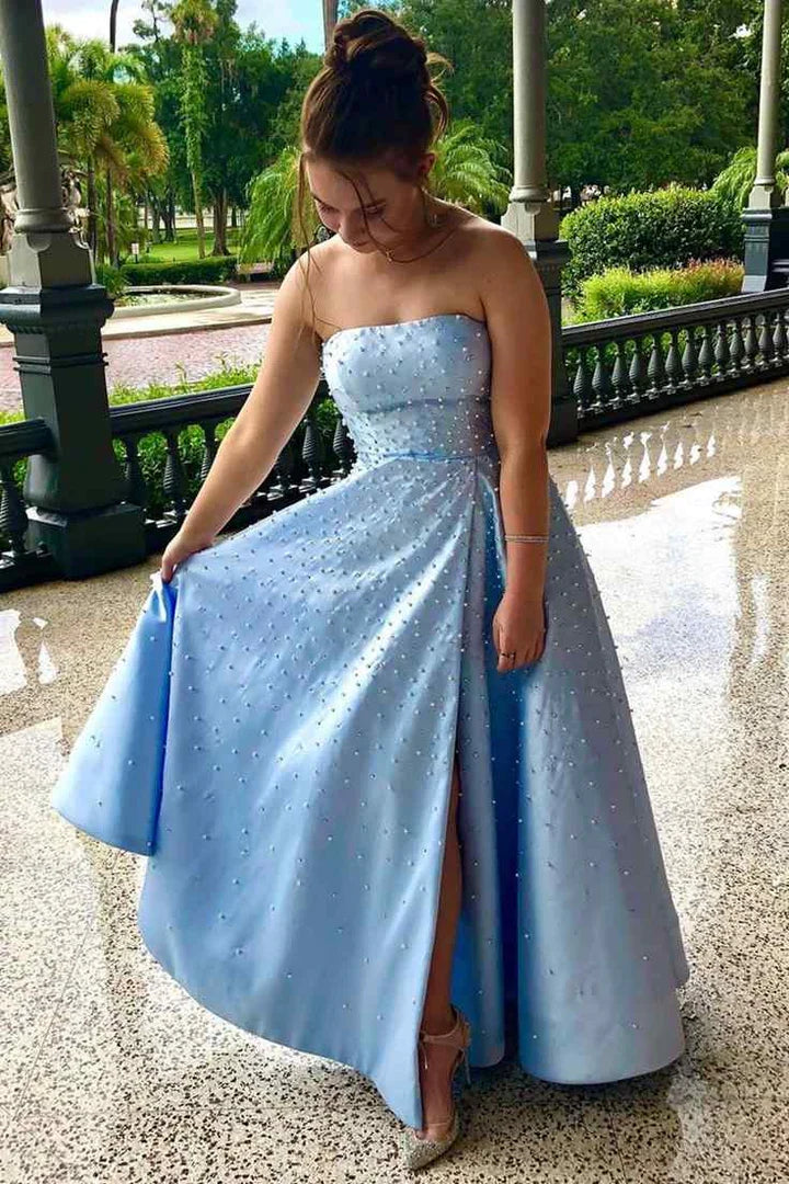 Lace Up Floor Length Sleeveless A-line Satin Beaded Strapless Prom Dress