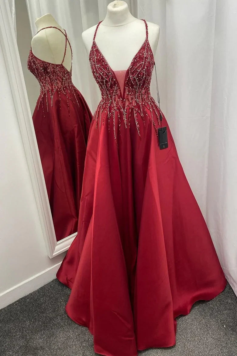 Satin Beaded V-Neck Backless Prom Dress