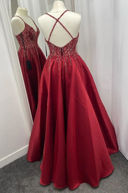 Satin Beaded V-Neck Backless Prom Dress