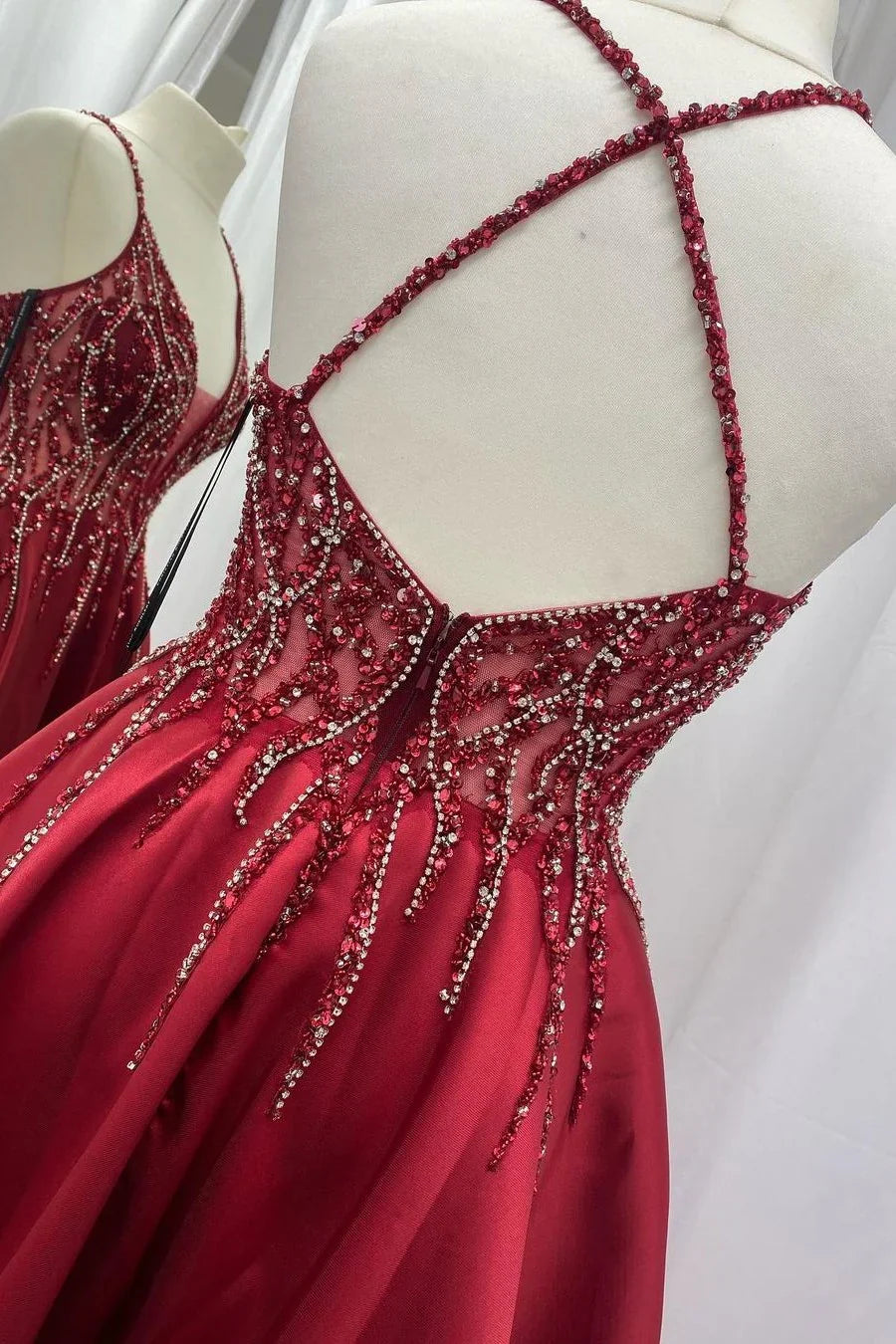 Satin Beaded V-Neck Backless Prom Dress