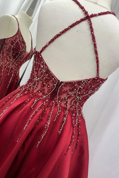 Satin Beaded V-Neck Backless Prom Dress