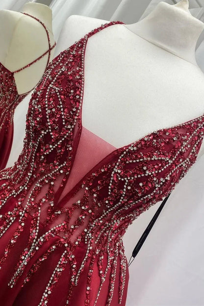 Satin Beaded V-Neck Backless Prom Dress