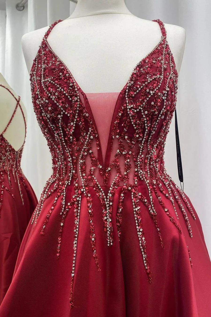 Satin Beaded V-Neck Backless Prom Dress
