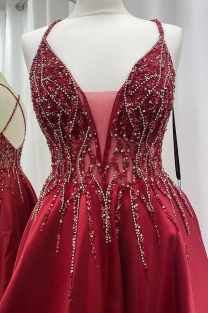 Satin Beaded V-Neck Backless Prom Dress