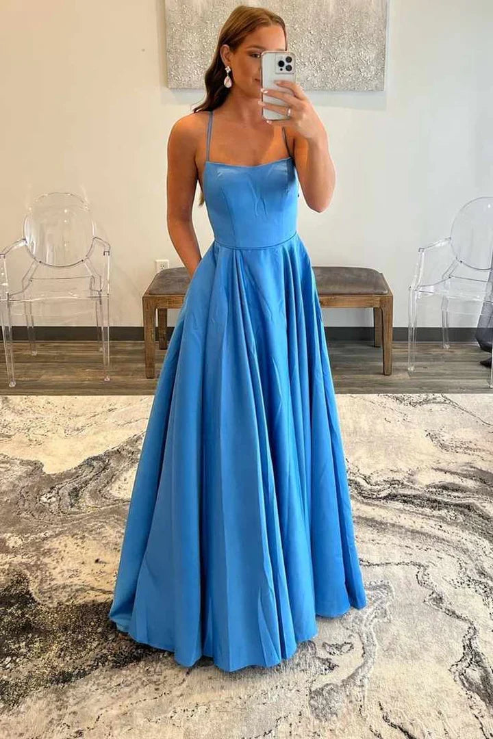 Spaghetti Straps A-Line Strapless Lace-Up Backless Floor Length Prom Dress With Slit