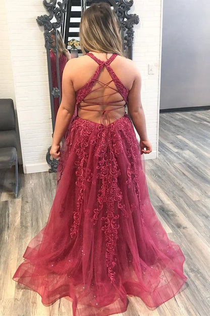 A-Line Lace Embroidered Sleeveless Prom Dress