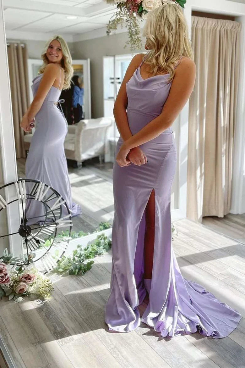 Spaghetti Straps Satin Cowl Neck Side Slit Mermaid Prom Dress
