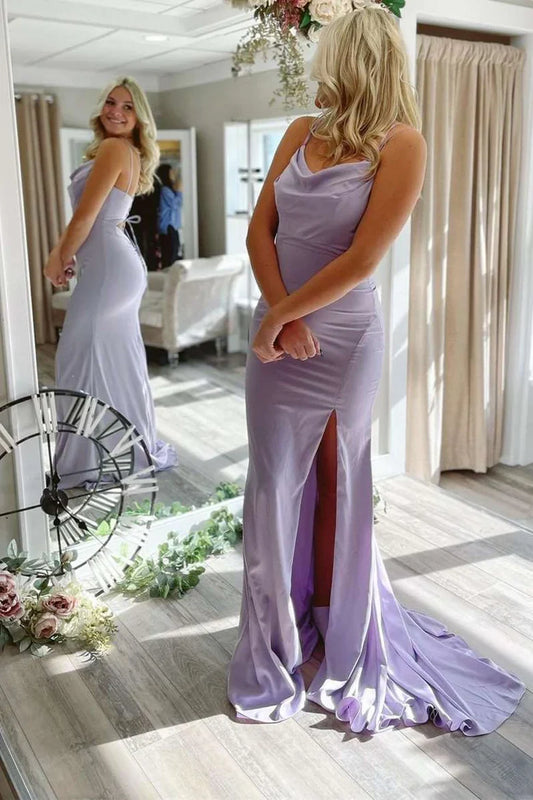 Spaghetti Straps Satin Cowl Neck Side Slit Mermaid Prom Dress