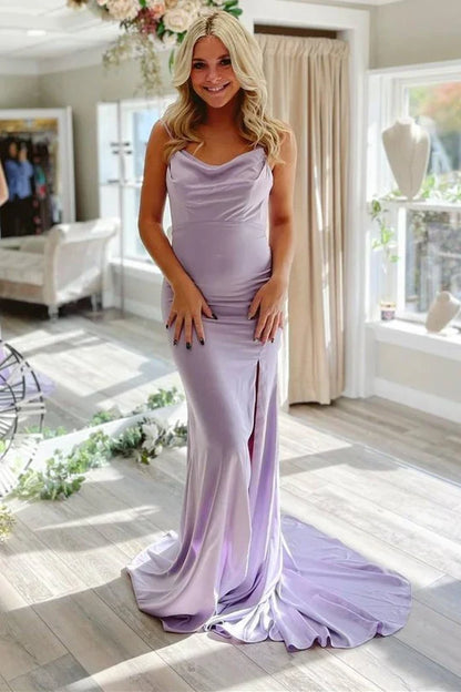 Spaghetti Straps Satin Cowl Neck Side Slit Mermaid Prom Dress