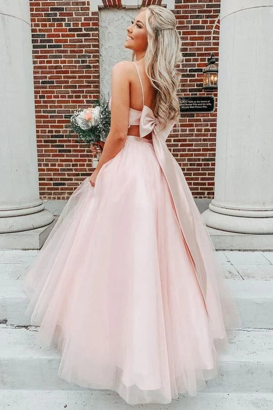 A-line Bow Back Backless Tulle Floor Length Prom Dress