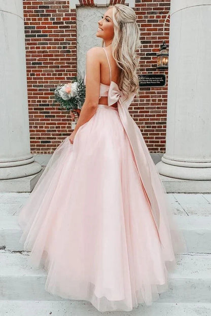 A-line Bow Back Backless Tulle Floor Length Prom Dress