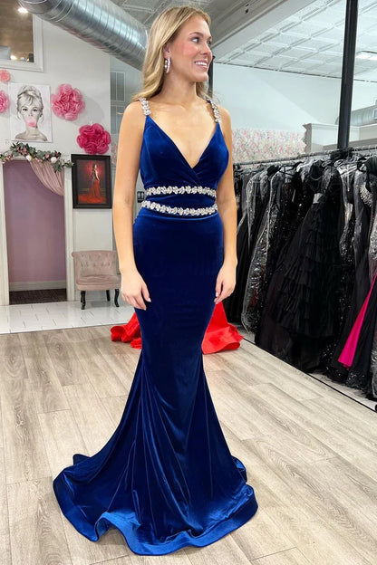 Velvet V-Neck Beaded Strap Mermaid Prom Dress