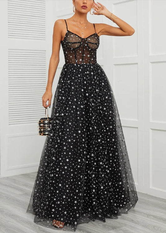 A-Line Sequins Sheer Bodice Prom Dress