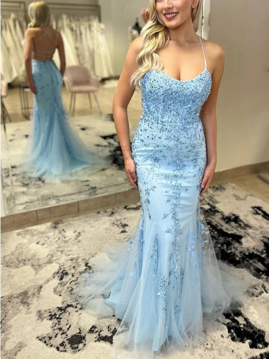 Scoop Neck Lace-Up Trumpet Prom Dress With Applique