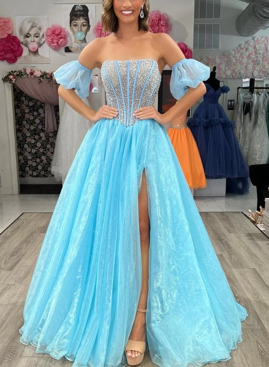 A-Line Strapless Beaded Prom Dress with Slit