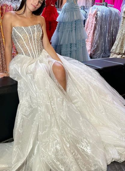 A-Line Strapless Beaded Prom Dress with Slit
