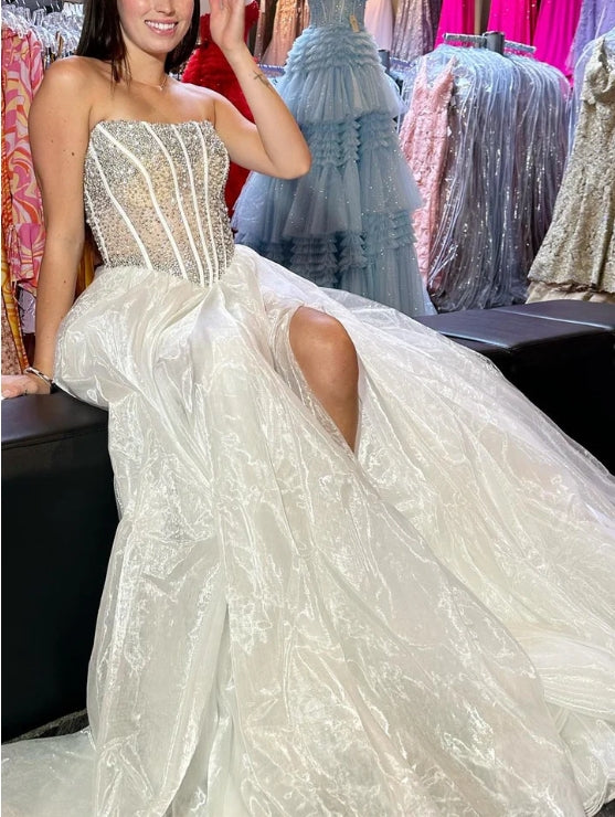 A-Line Strapless Beaded Prom Dress with Slit