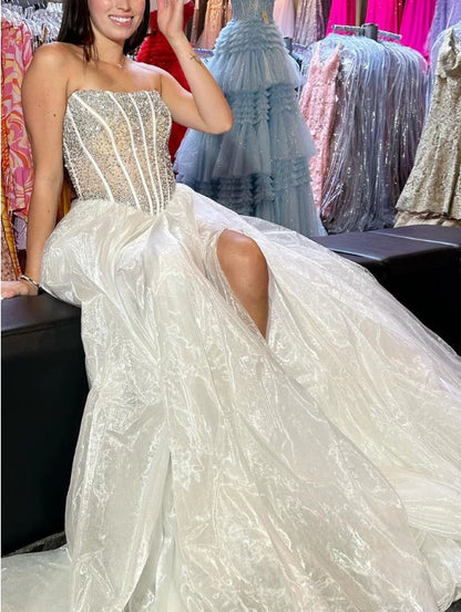 A-Line Strapless Beaded Prom Dress with Slit