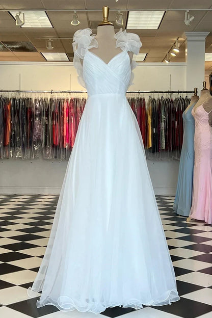 Off Sleeves Backless A-Line Surplice Ruffles Prom Dress