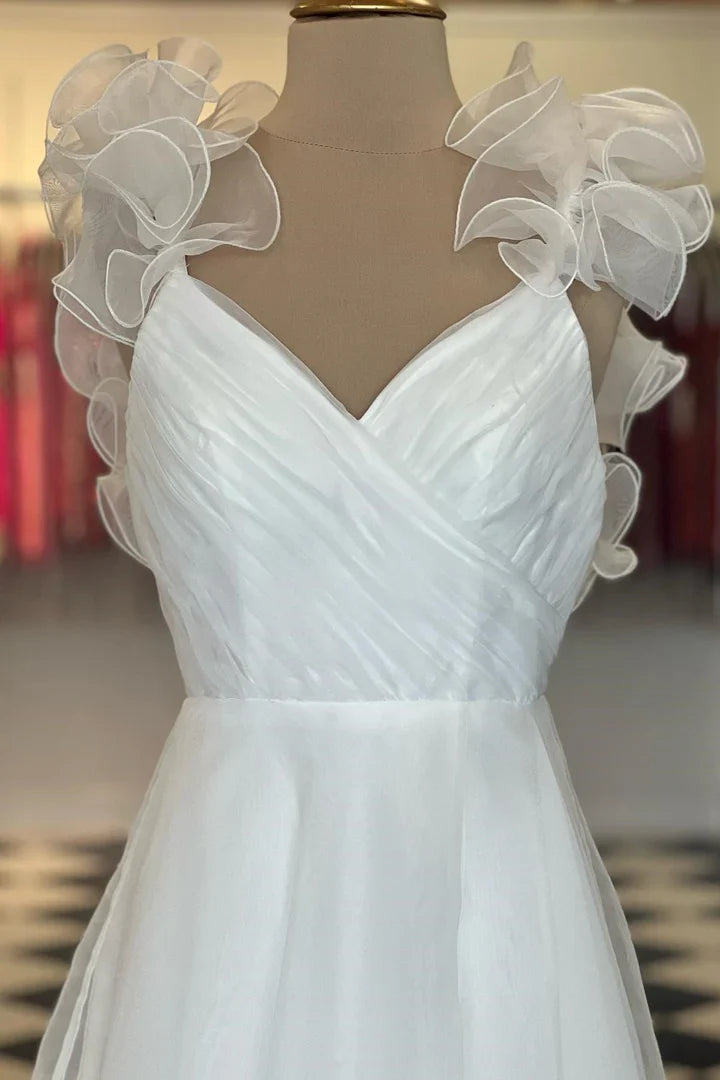 Off Sleeves Backless A-Line Surplice Ruffles Prom Dress